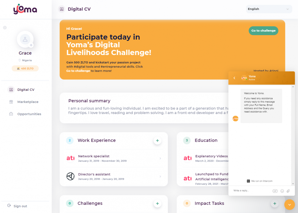 Landing page of the Yoma marketplace with the digital learning to earning opportunities.